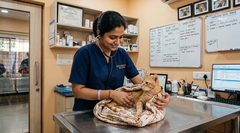 Veterinary nurse providing gentle care to a happy fluffy cat
