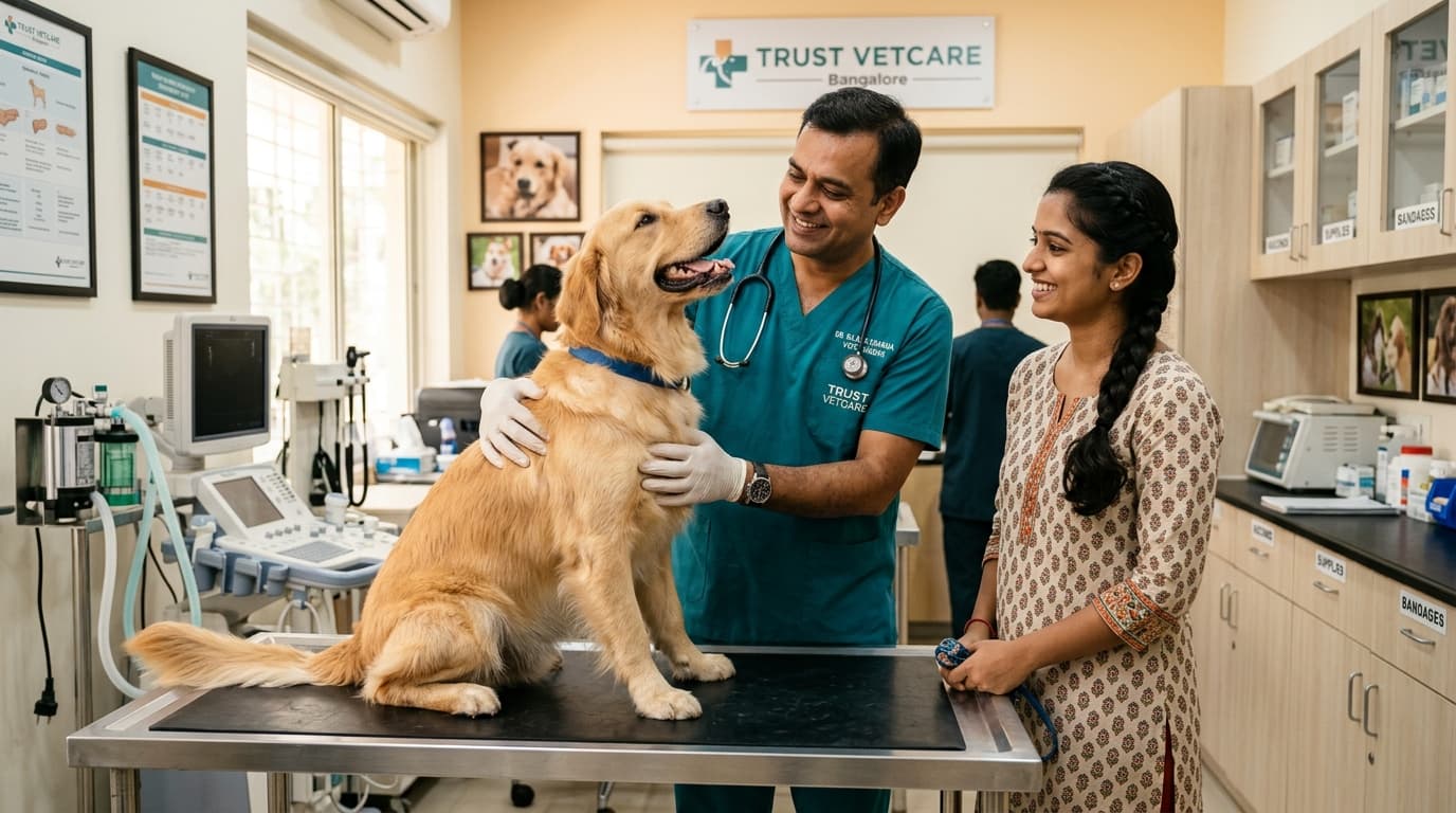 Compassionate Indian veterinarian in clinical scrubs examining a golden retriever with Indian pet owner at modern animal hospital in Bangalore