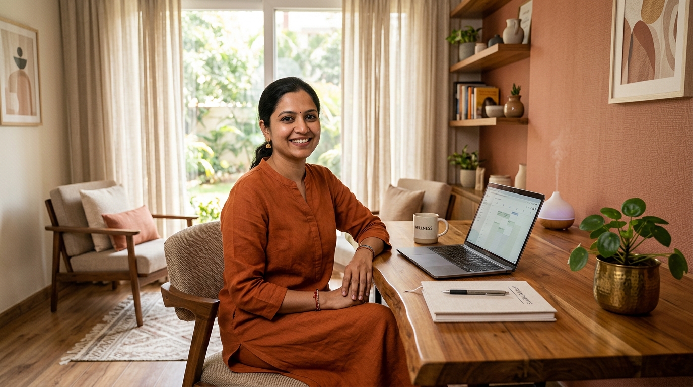 Studio operations director managing live class schedule and waitlist recovery on laptop desk with garden view