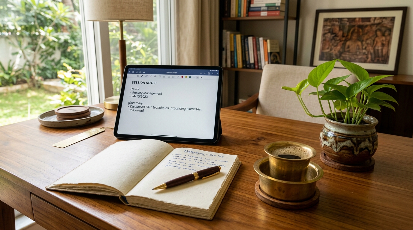 Teakwood clinical desk with iPad structured SOAP session notes, voice transcription, South Indian filter coffee in brass dabarah, and fountain pen