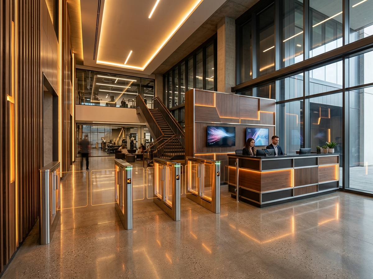 Grand athletic club front desk reception with membership coordinators and automated turnstile access gates