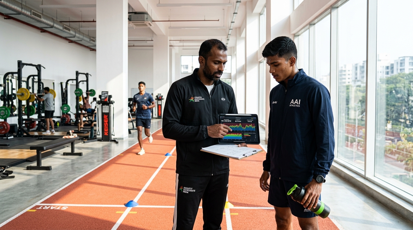 Coach on gym floor reviewing biometric telemetry with athlete on tablet