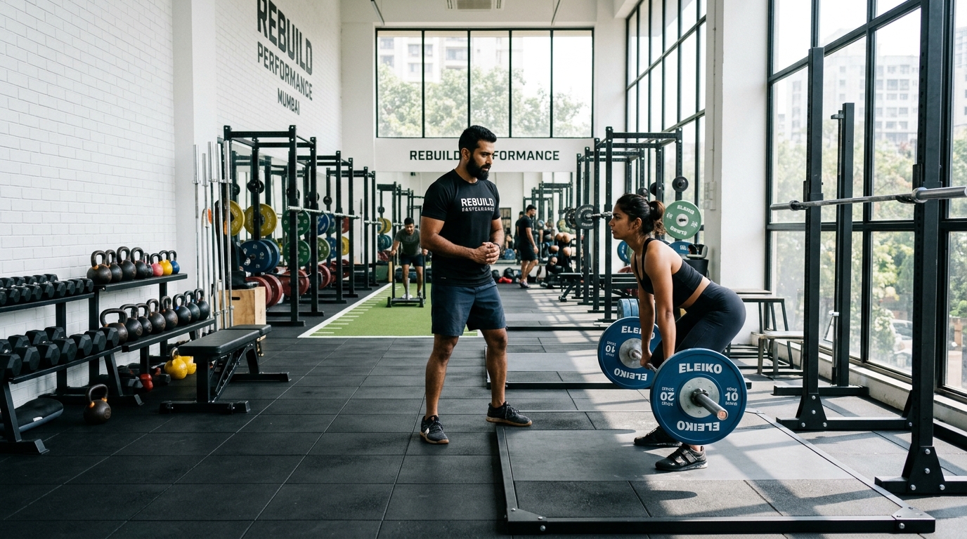 Athlete tracking progressive strength training sets in contemporary gym facility