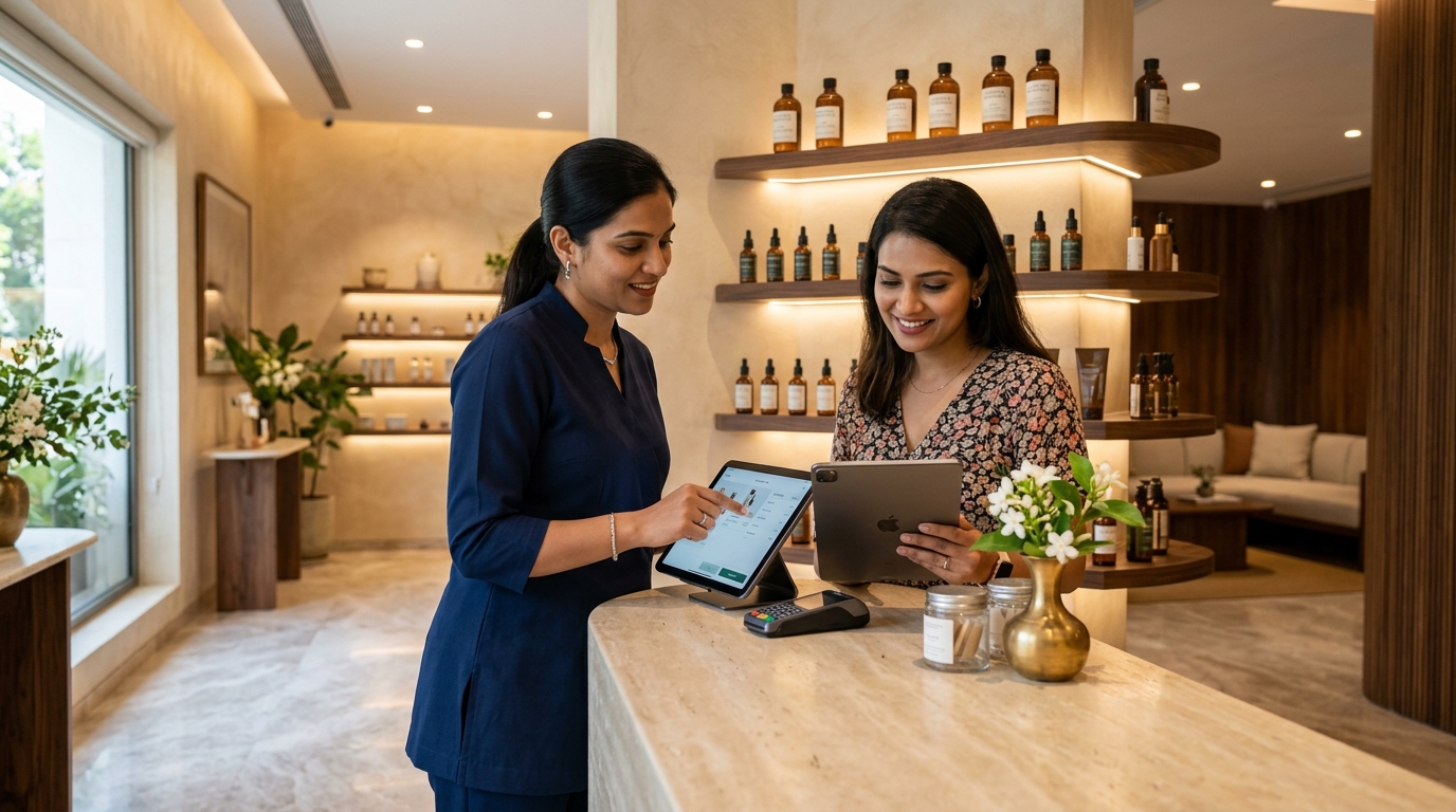 Luxury skincare retail display with premium serums and modern POS terminal