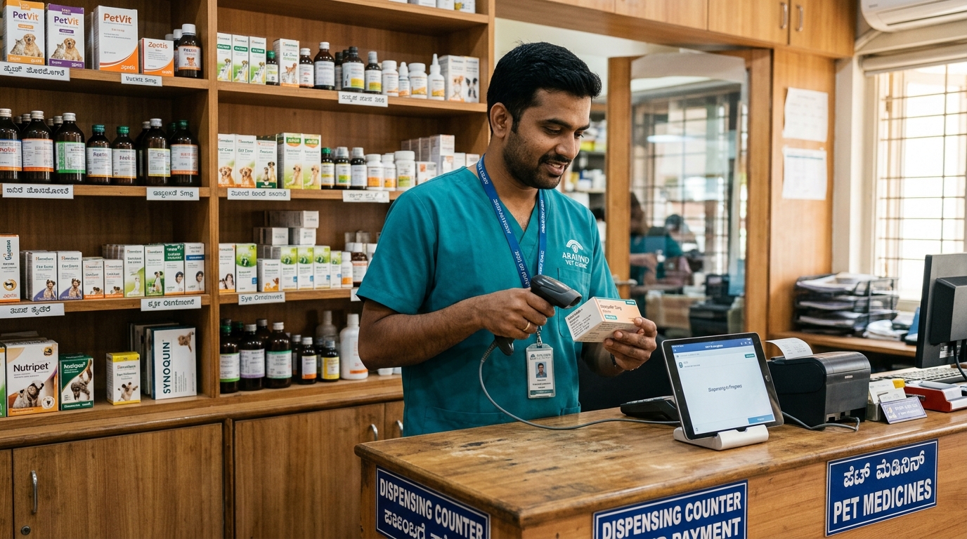 Indian male veterinary pharmacist barcode-scanning medicine at wooden dispensing counter