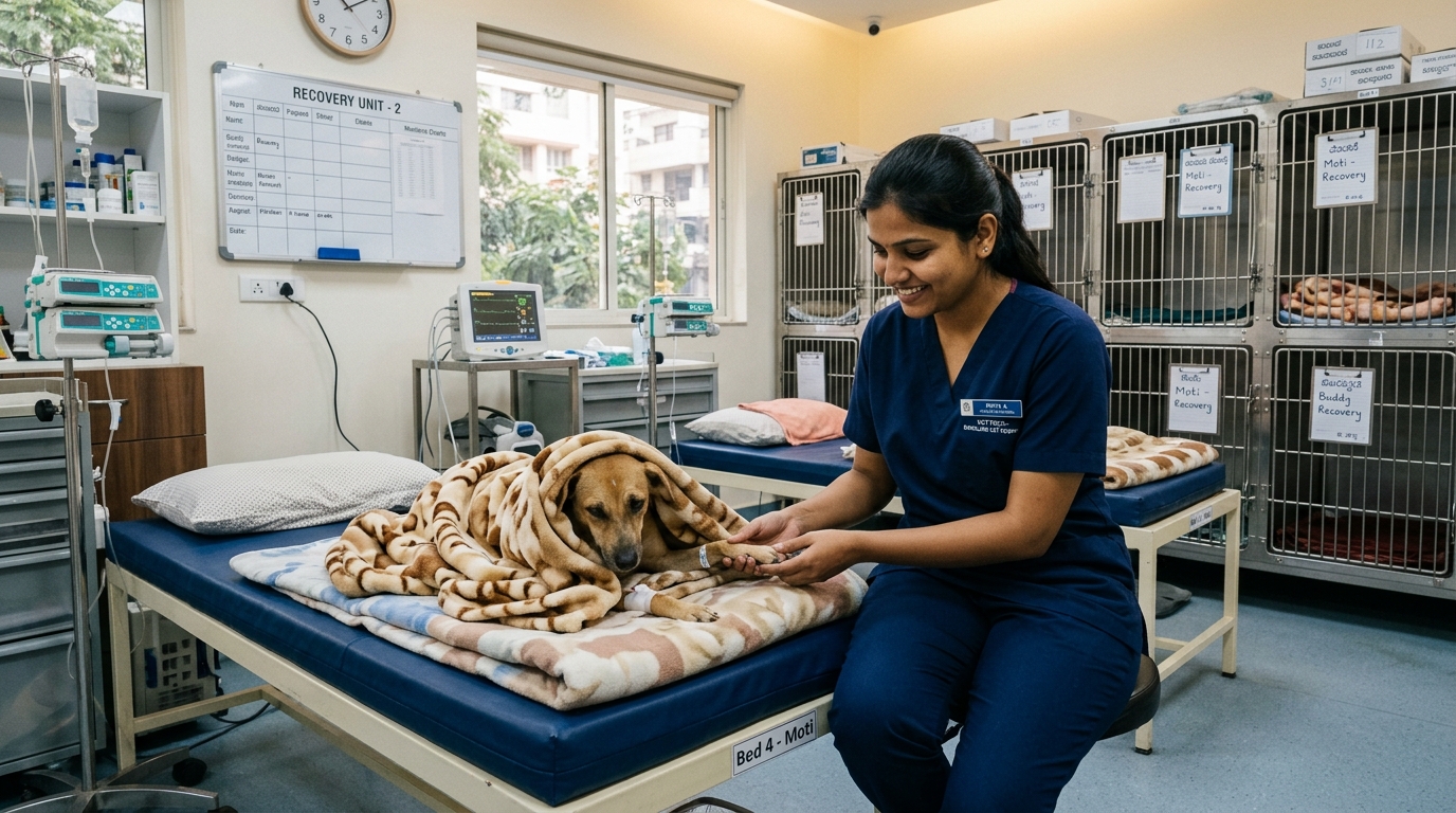 Indian female veterinary nurse in navy scrubs caring for resting dog wrapped in fleece blanket in recovery unit Bed 4