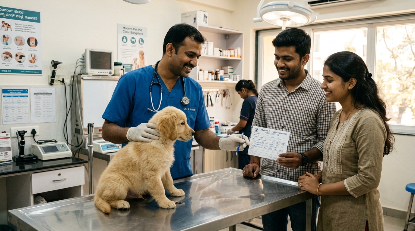 Veterinarian gently examining a young puppy on an examination table
