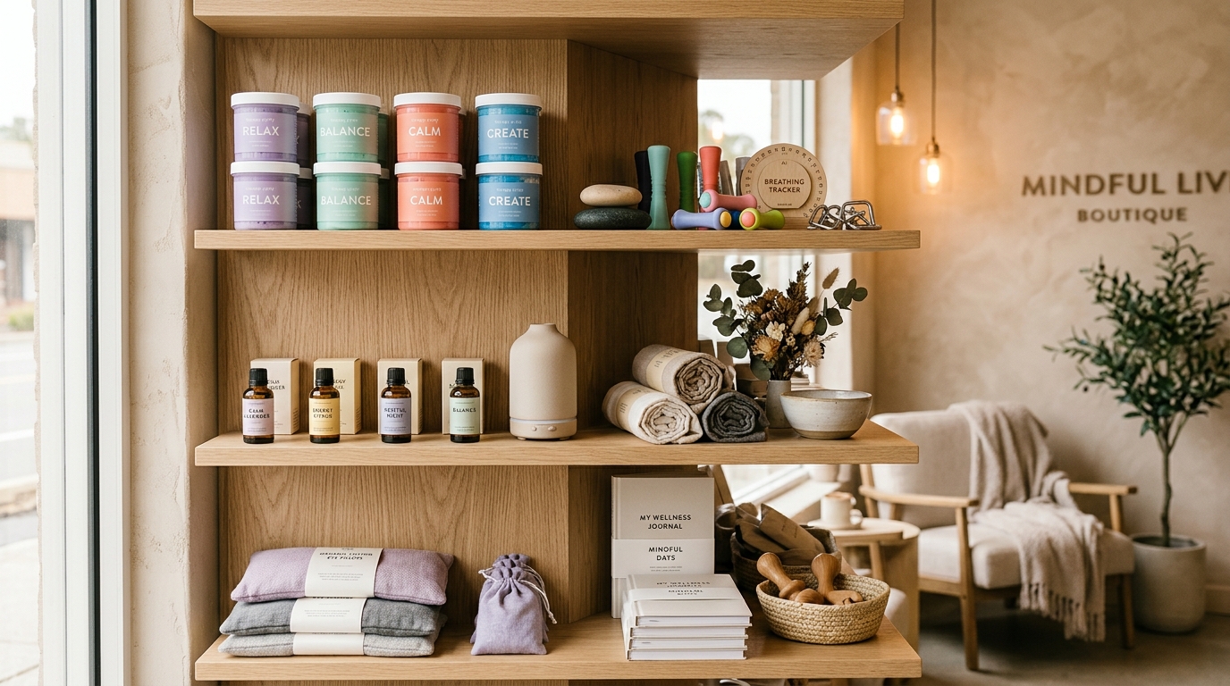 Minimalist studio boutique retail shelf displaying organic cork mats, diffusers, wellness eye pillows, and props