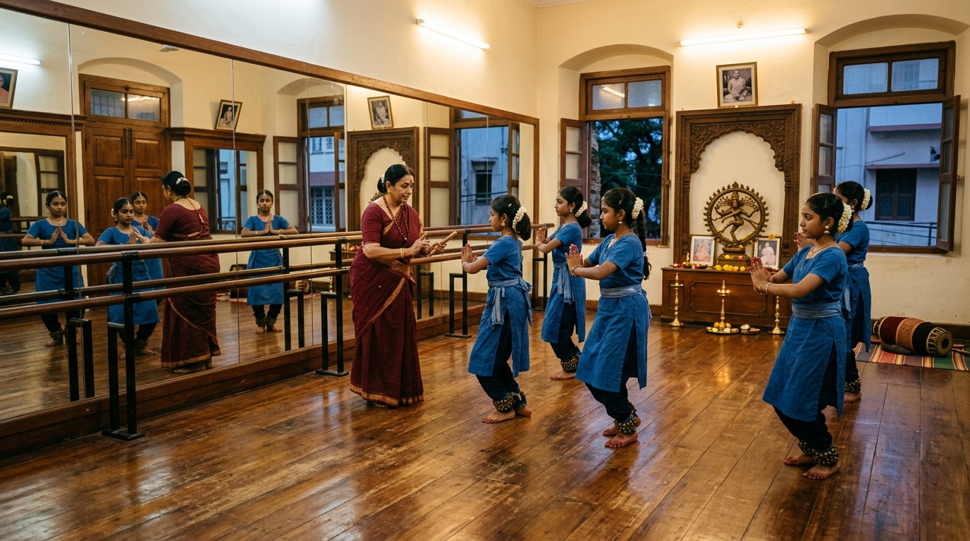 Indian dance academy rehearsal hall with wooden floor and mirrors