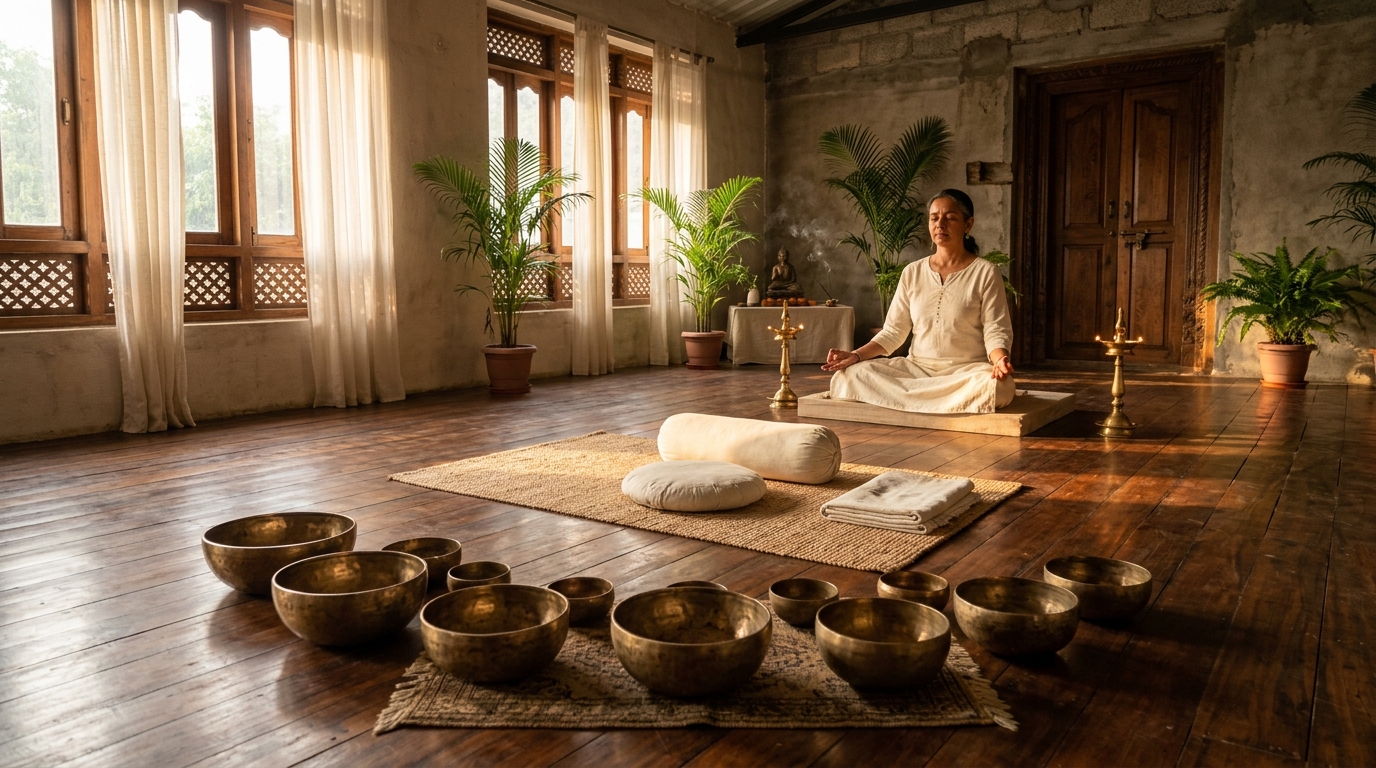 Serene Indian sound healing sanctuary with brass singing bowls, traditional brass lamps, and meditation teacher