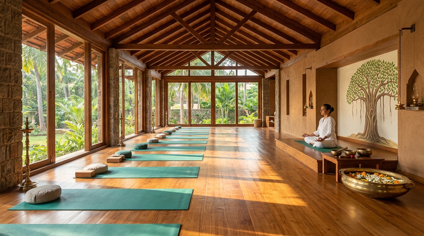 Dedicated 18-mat Ashtanga shala flow with Indian yoga master seated in meditation on teakwood floor